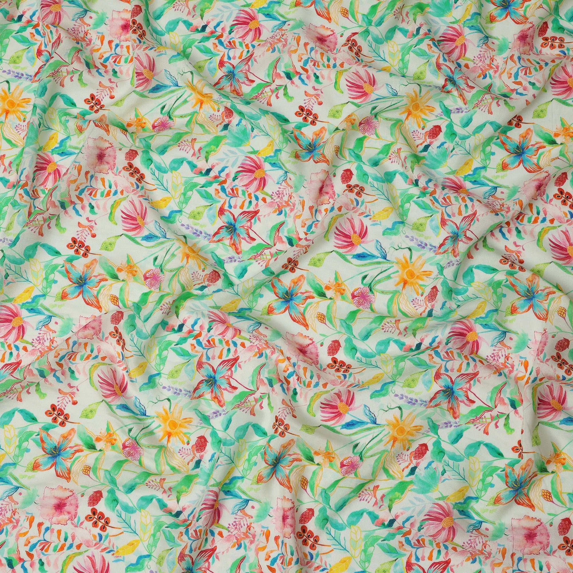 Mint Green Tropical Floral Viscose Crepe Digital Print Fabric, 110 cm Wide, Made in India-D20993