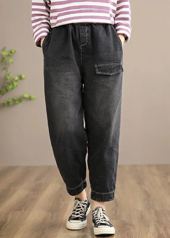 Modern Denim Black Jeans Stylish Spring Elastic Waist Photography Wild Trousers