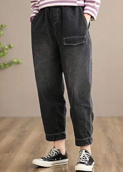 Modern Denim Black Jeans Stylish Spring Elastic Waist Photography Wild Trousers