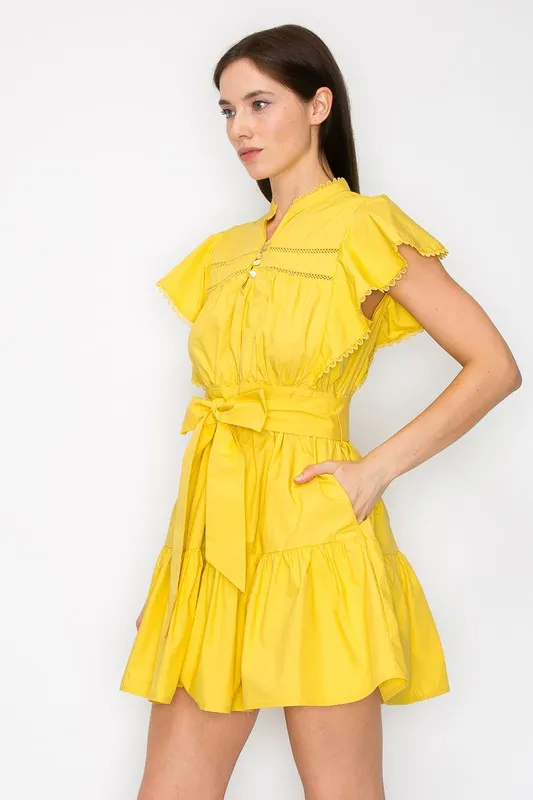 Mustard Cotton Flutter Sleeves Tiered Skirt With Belt Mini