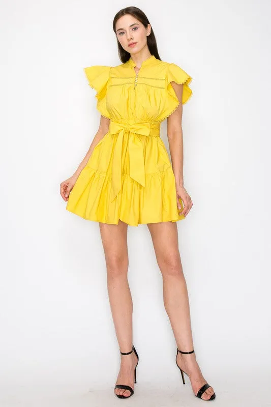 Mustard Cotton Flutter Sleeves Tiered Skirt With Belt Mini