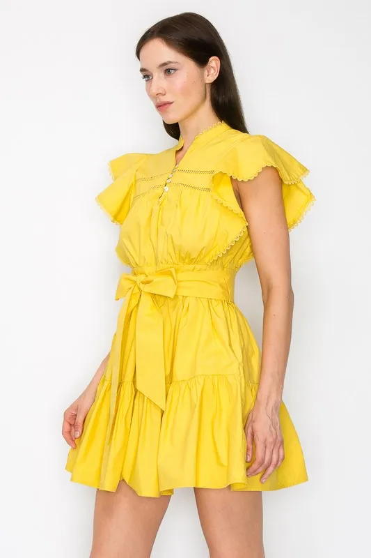 Mustard Cotton Flutter Sleeves Tiered Skirt With Belt Mini