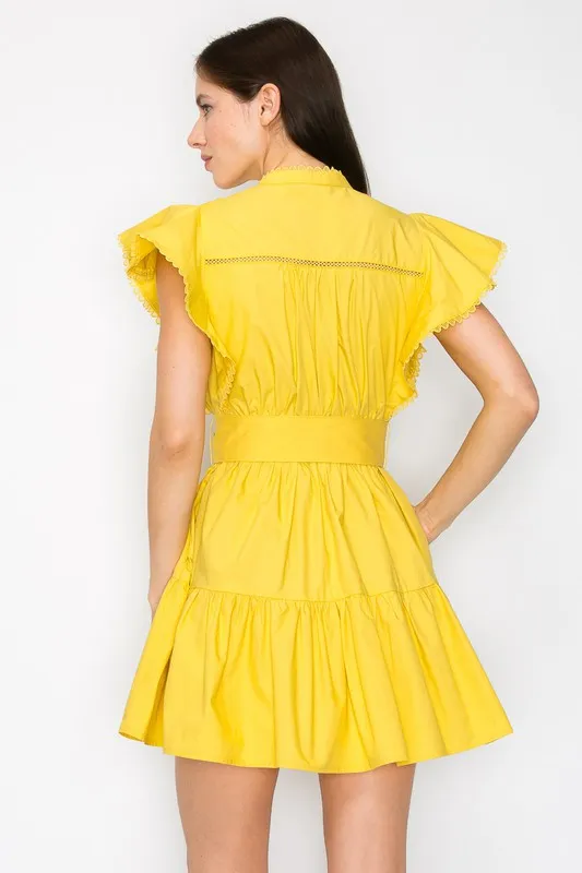 Mustard Cotton Flutter Sleeves Tiered Skirt With Belt Mini