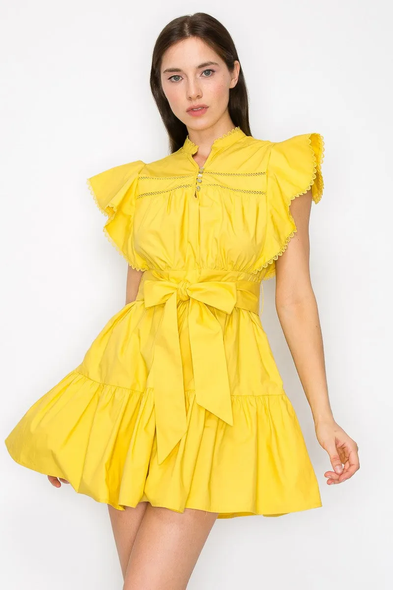 Mustard Cotton Flutter Sleeves Tiered Skirt With Belt Mini