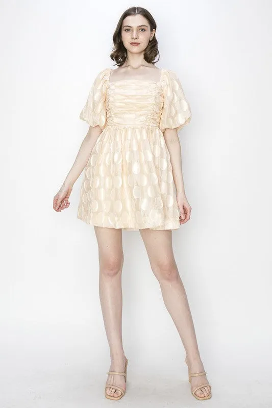 Oatmeal Square Neck Short Puff Sleeve Dots Jacquard Mini Dress