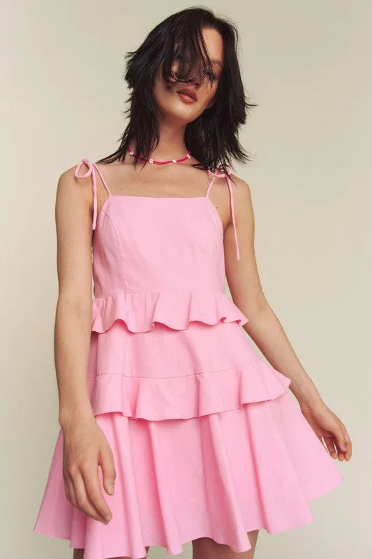 Pink Linen Tie Spaghetti Ruffle Detail Mini Dress