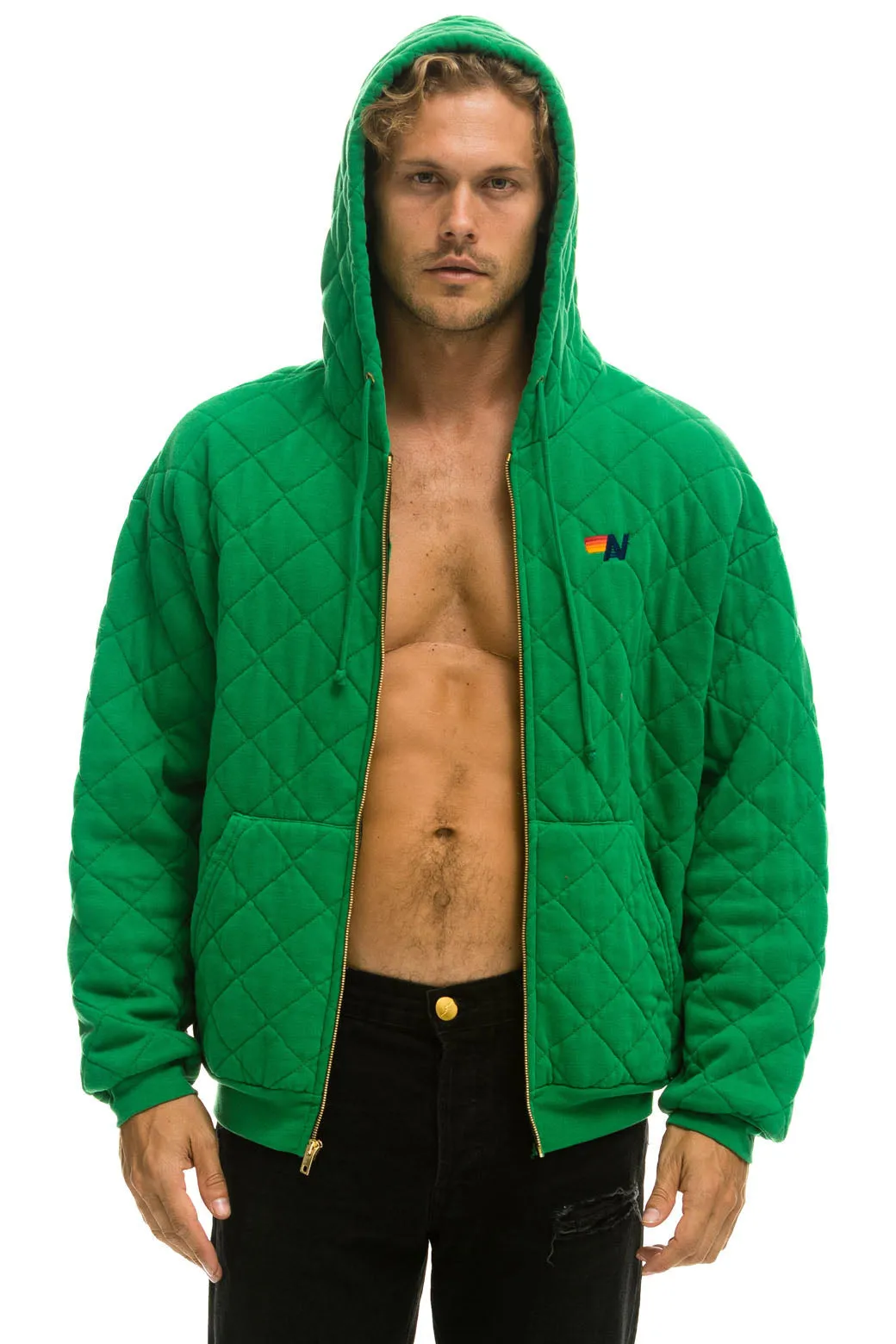 QUILTED ZIP HOODIE RELAXED - KELLY GREEN