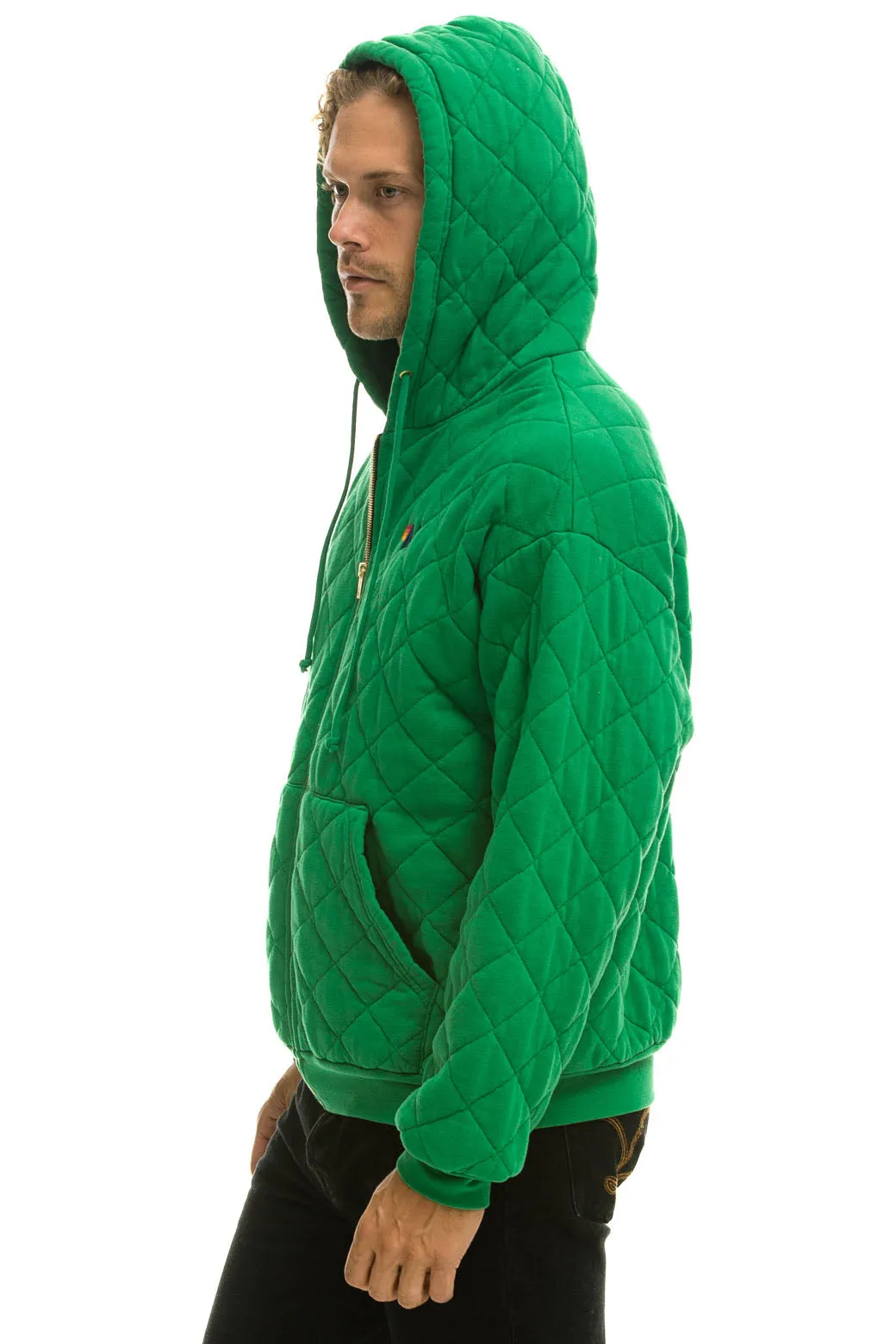 QUILTED ZIP HOODIE RELAXED - KELLY GREEN