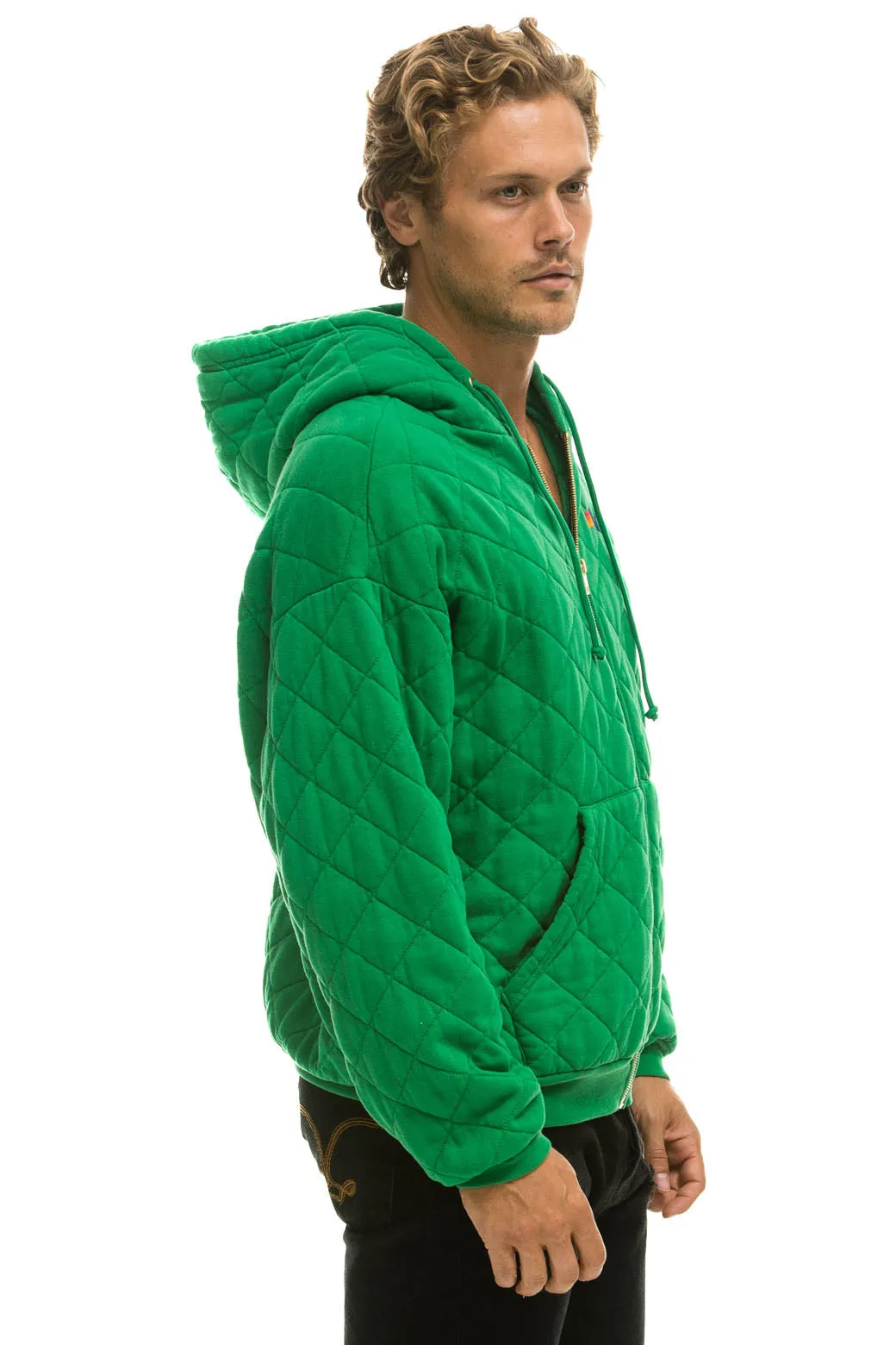 QUILTED ZIP HOODIE RELAXED - KELLY GREEN