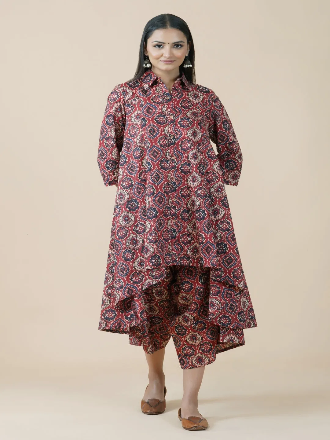 Red Ajrakh Print Kurta & Asymmetrical Pants