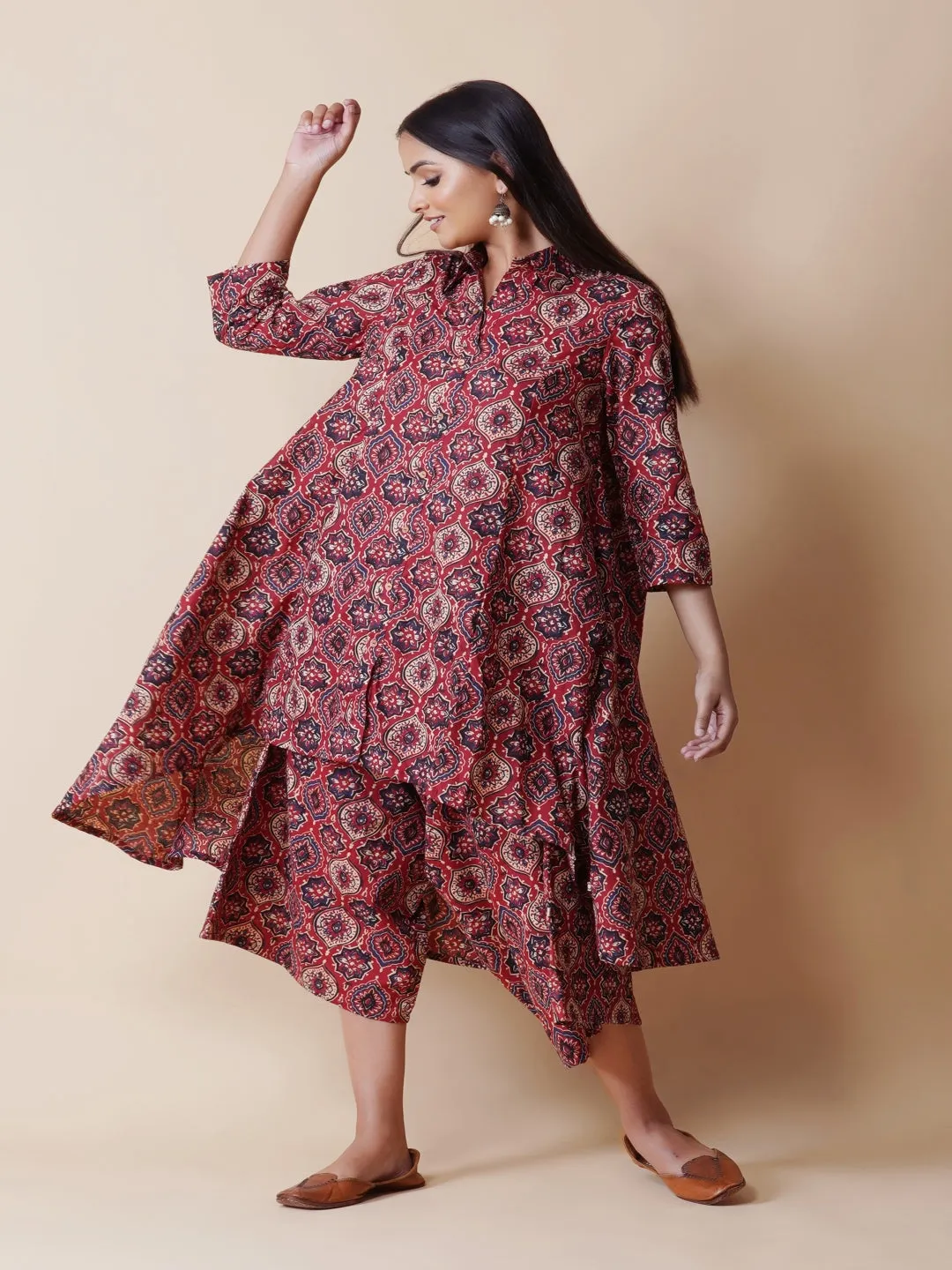 Red Ajrakh Print Kurta & Asymmetrical Pants