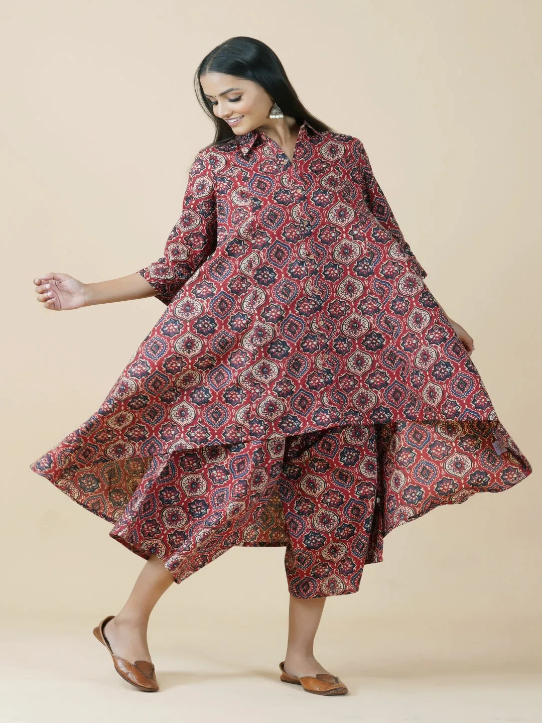 Red Ajrakh Print Kurta & Asymmetrical Pants