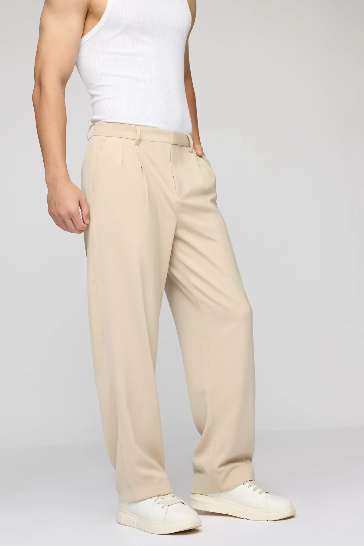 Sand Beige Men's Pleated Korean Pants