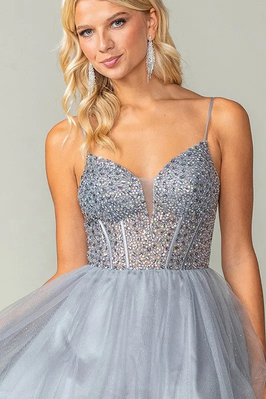 Silver Bustier Illusion Rhinestone Top A Line Short Dress