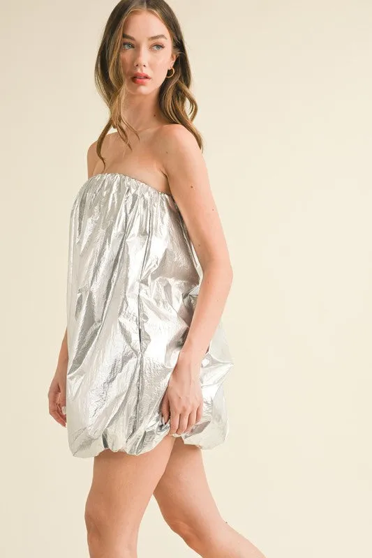 Silver Metalic Strapless Puff Sleeve Balloon Mini Dress