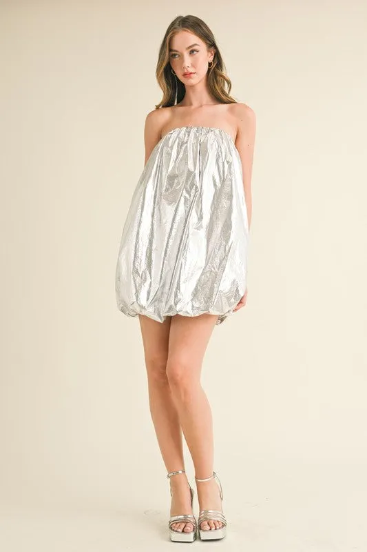 Silver Metalic Strapless Puff Sleeve Balloon Mini Dress