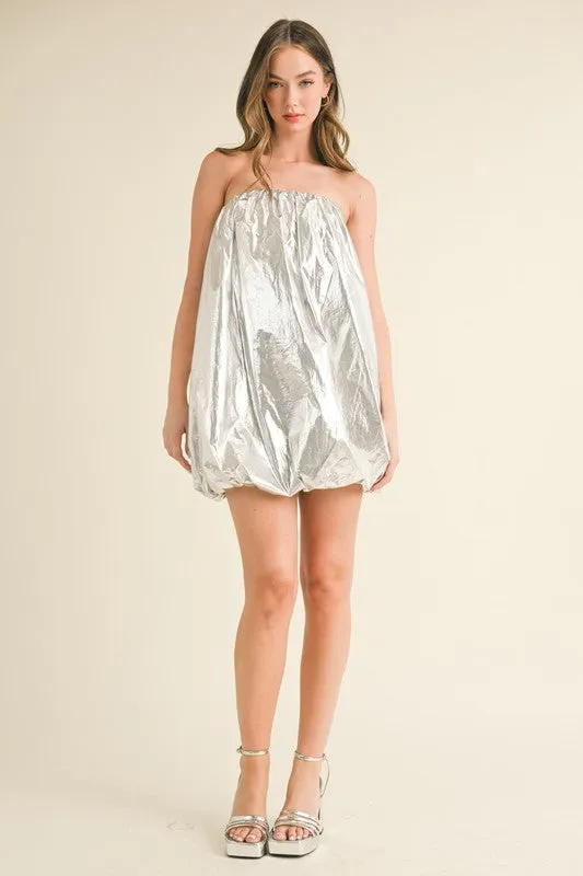 Silver Metalic Strapless Puff Sleeve Balloon Mini Dress