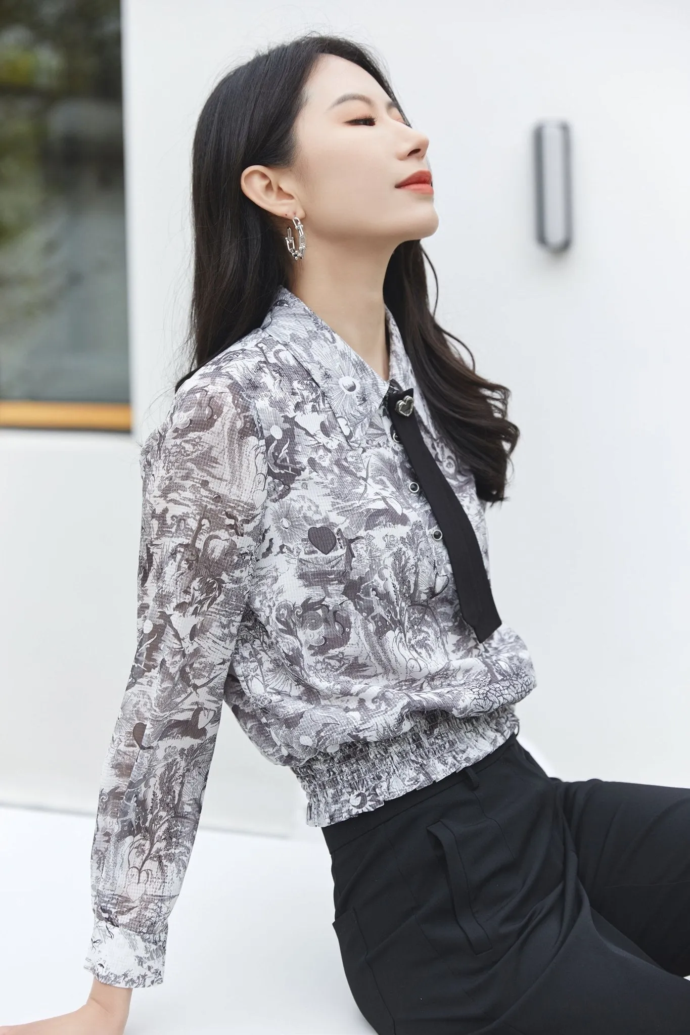 Smoke Grey Ribbon Tie Blouse Shirt