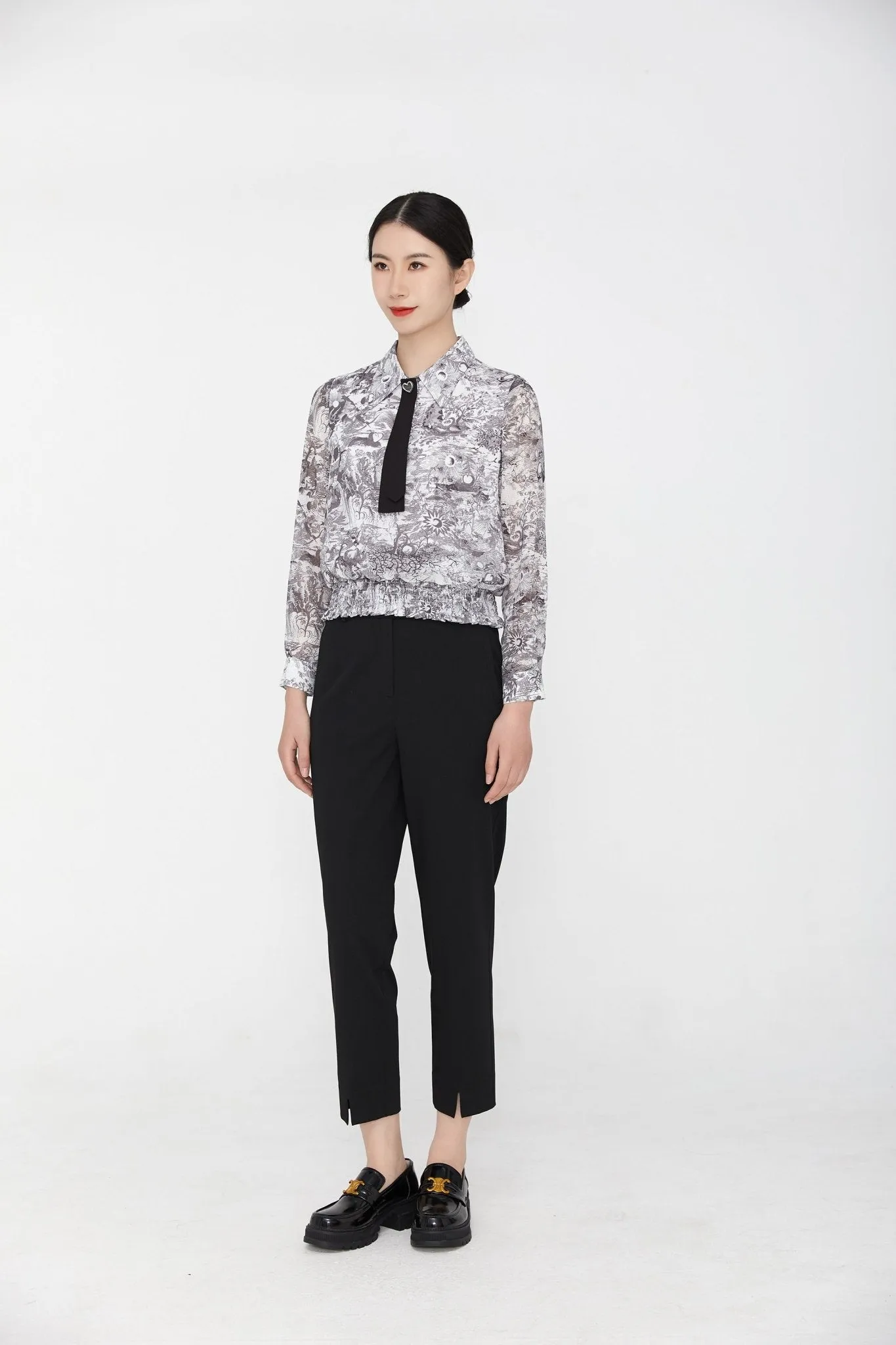 Smoke Grey Ribbon Tie Blouse Shirt