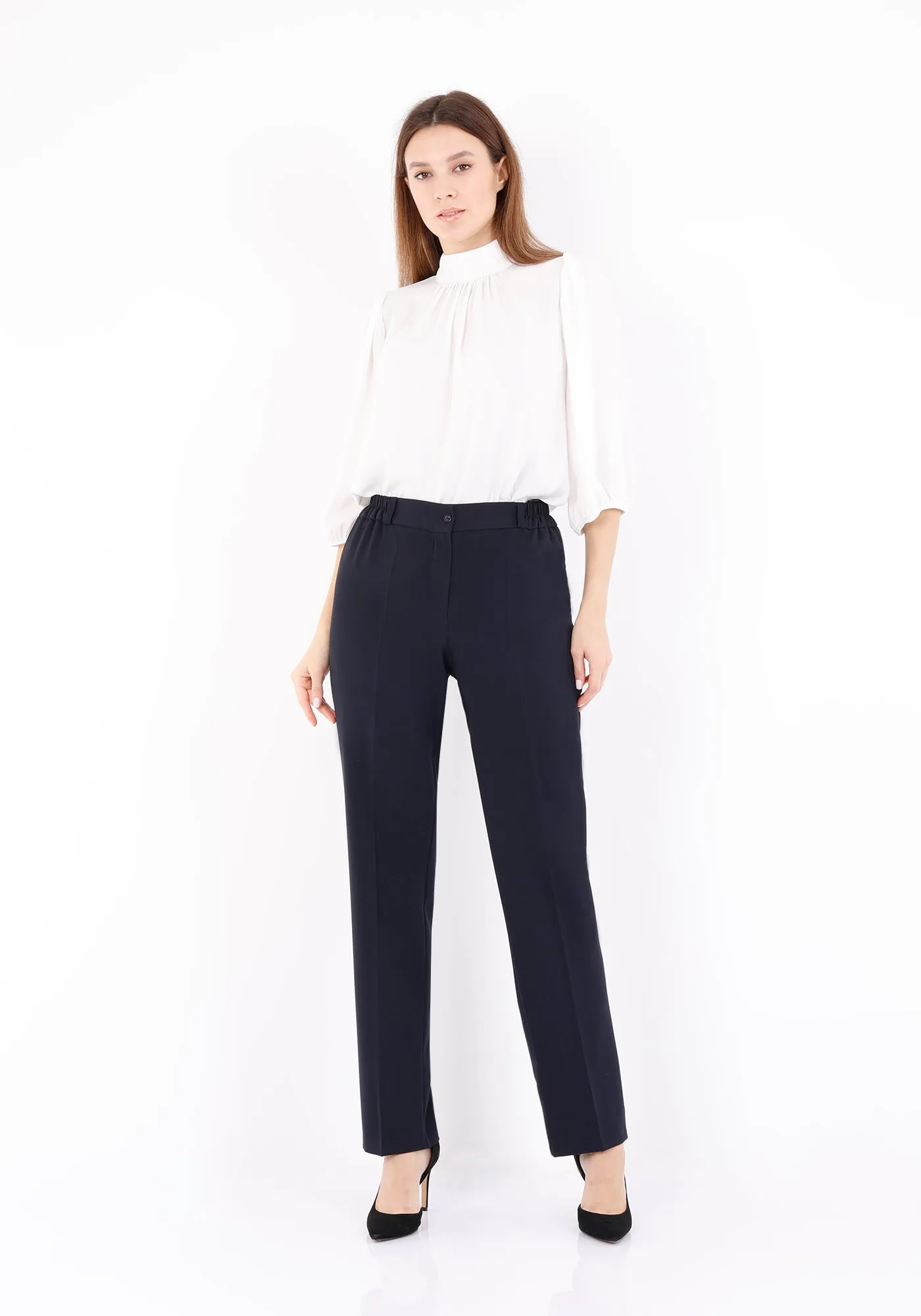 Straight Pants with Elastic Waistband and Zipper Combined