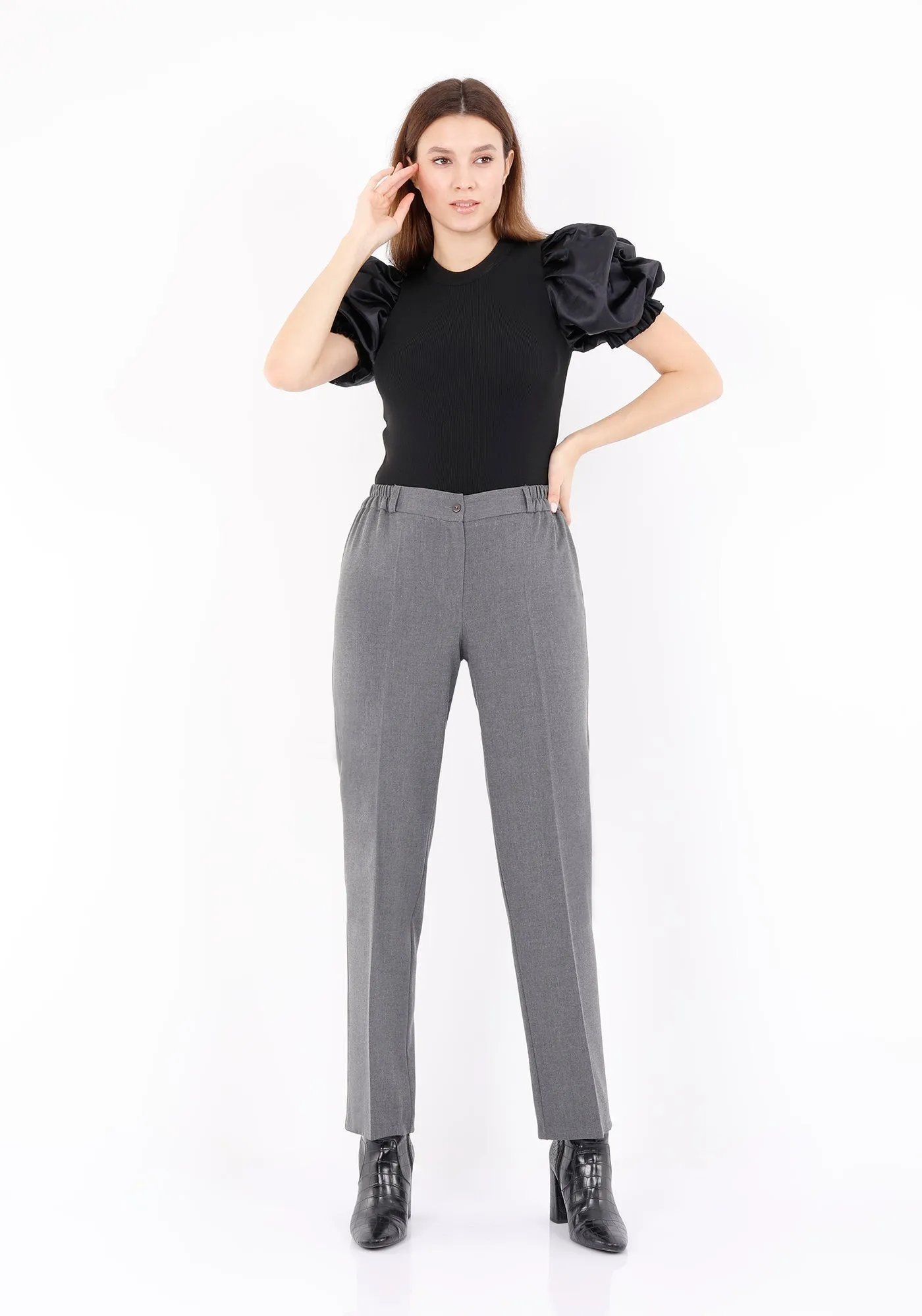 Straight Pants with Elastic Waistband and Zipper Combined