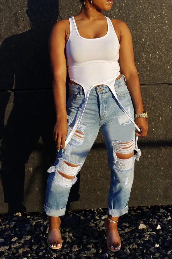 Stylish High Waist Ripped Cropped Jeans