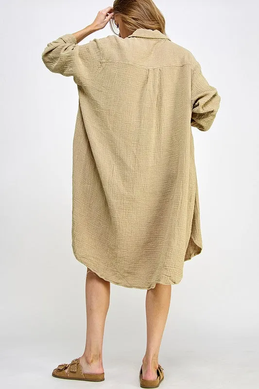 Taupe Double Gauze Button Down Shirts Dresses