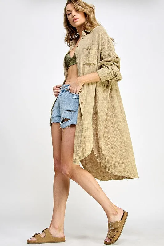 Taupe Double Gauze Button Down Shirts Dresses