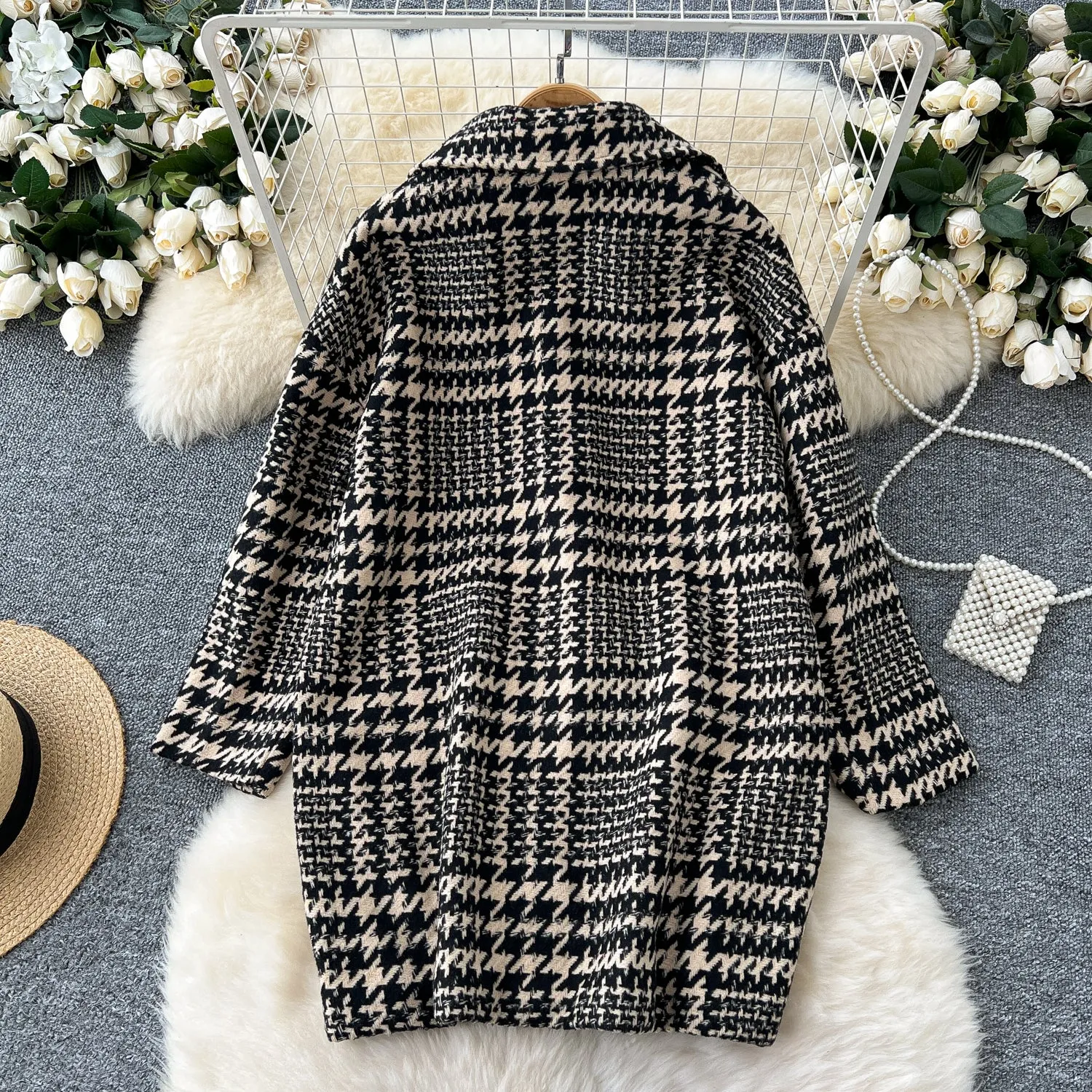 Thermal Houndstooth Printed Tweed Coat