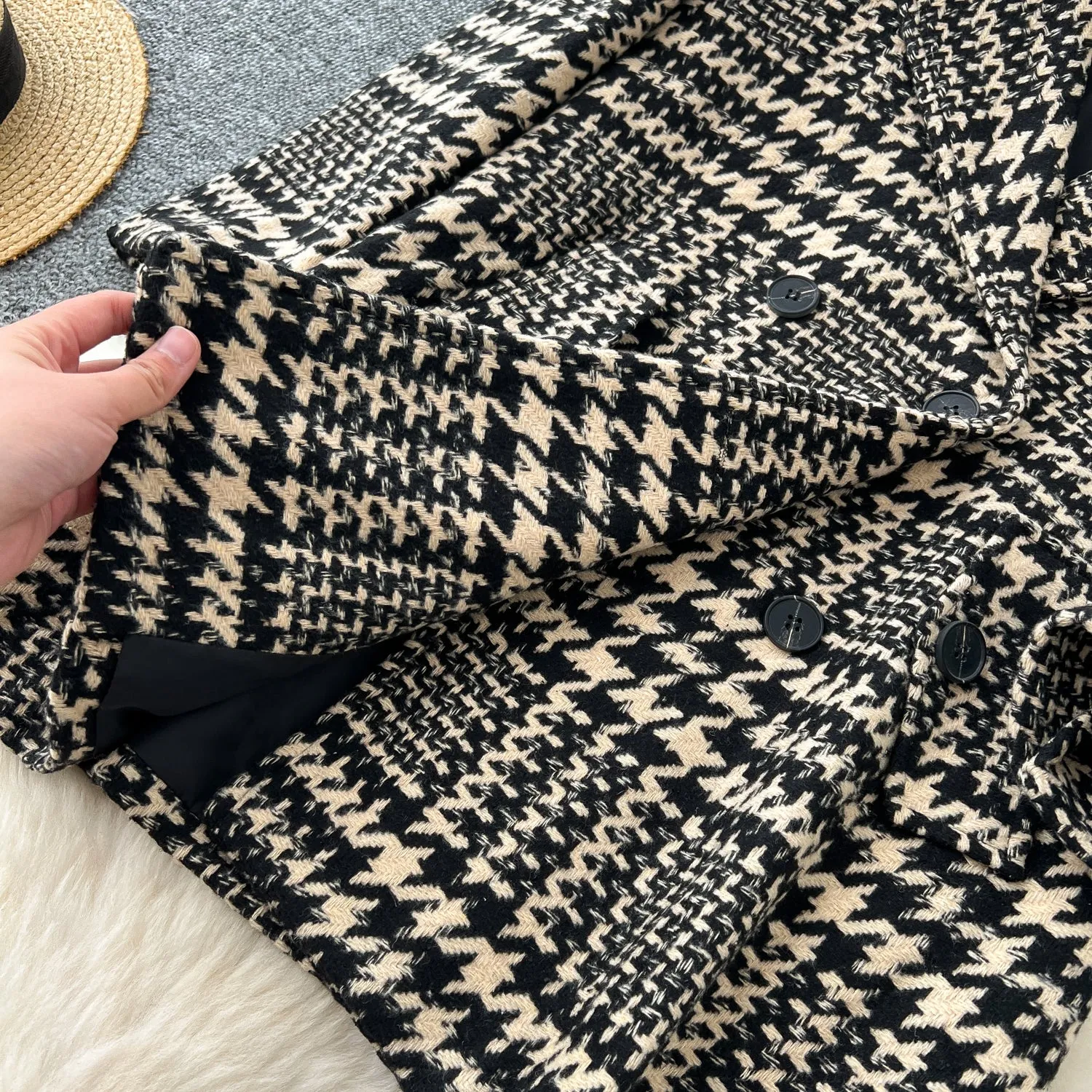 Thermal Houndstooth Printed Tweed Coat