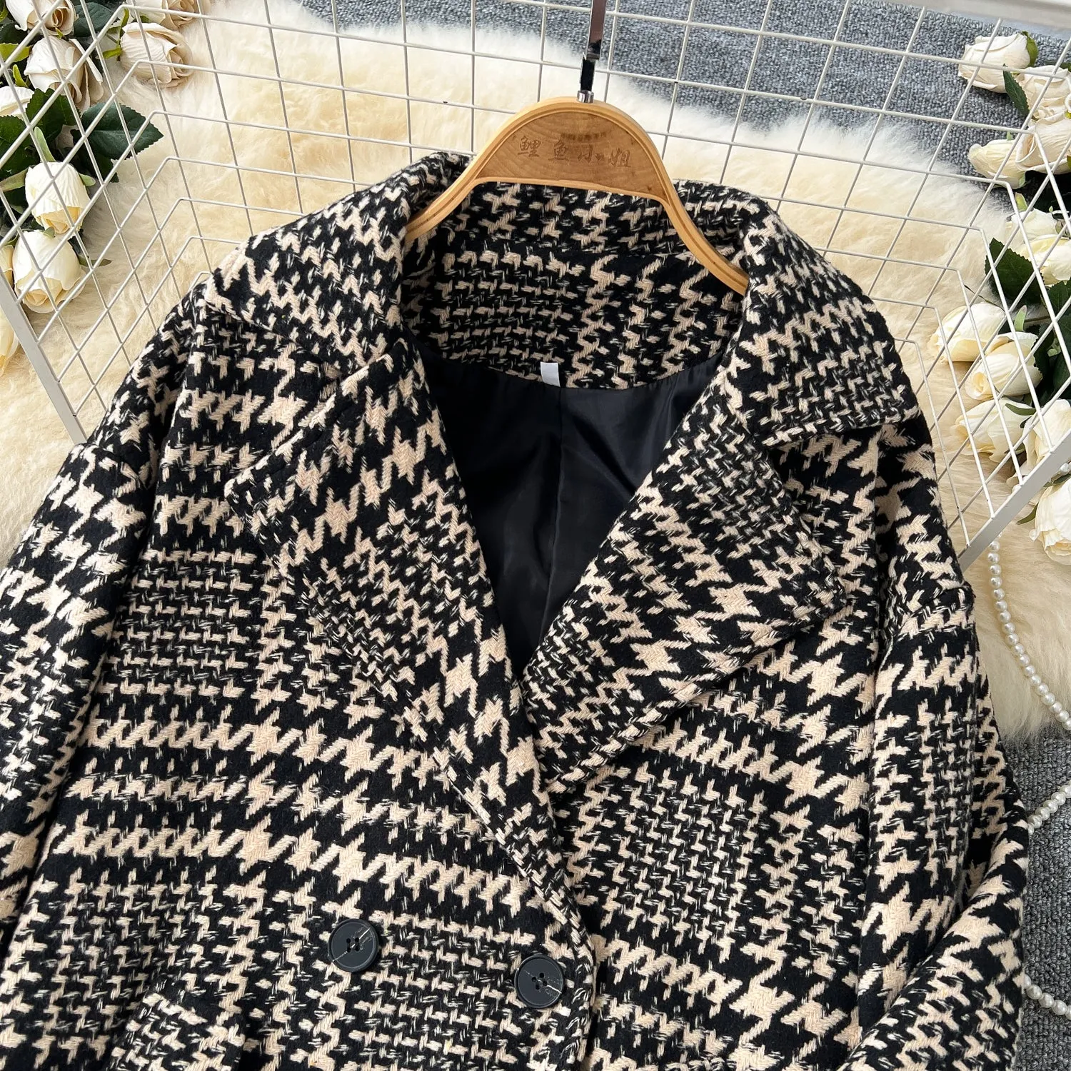 Thermal Houndstooth Printed Tweed Coat