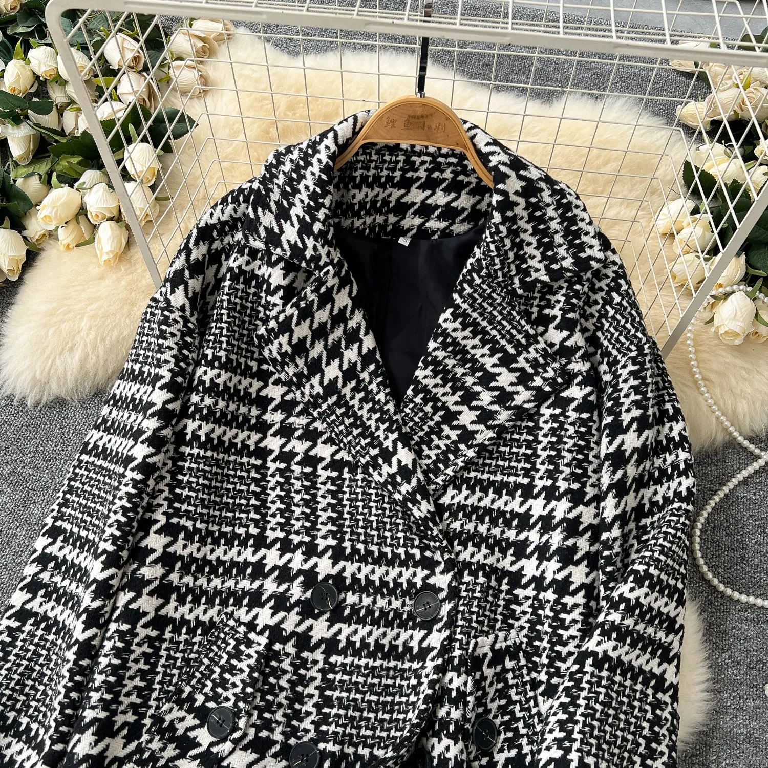 Thermal Houndstooth Printed Tweed Coat