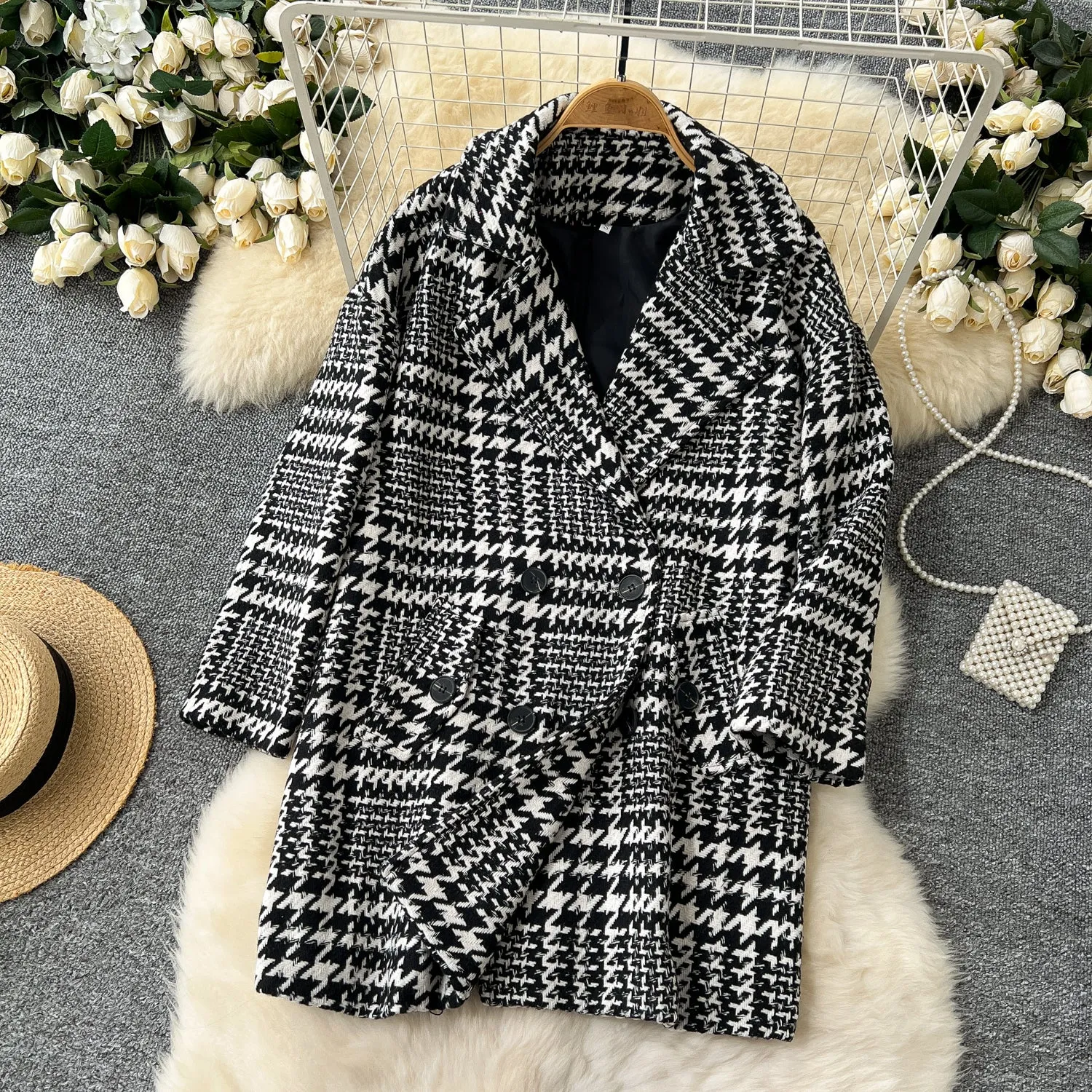 Thermal Houndstooth Printed Tweed Coat