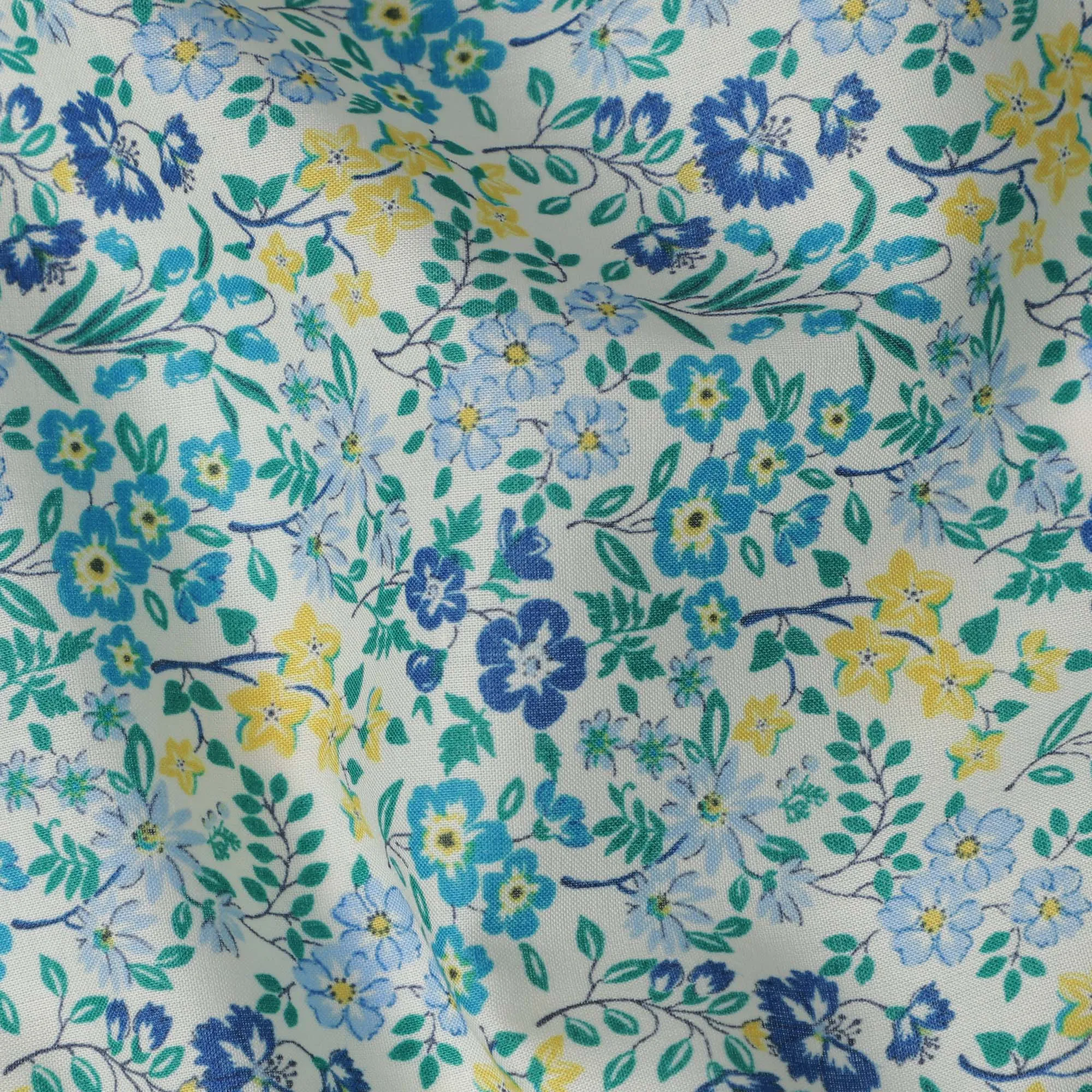 White and Blue Floral Cotton Lawn Digital Print Fabric - 110 cm Width-D21235