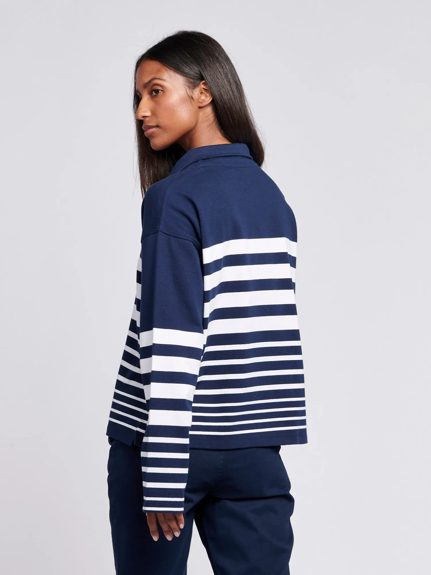 Womens Striped Funnel Neck Top in Navy Iris