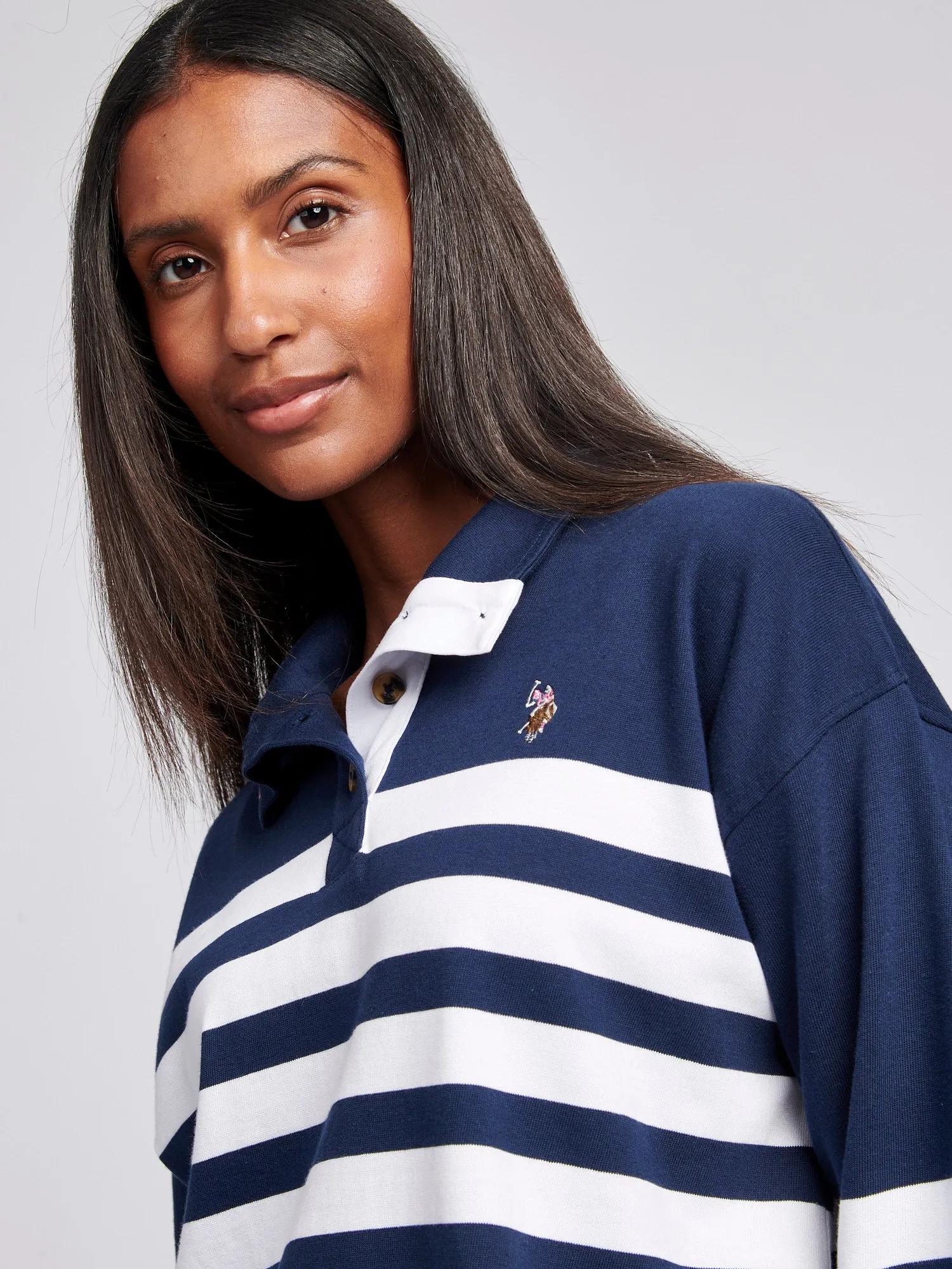 Womens Striped Funnel Neck Top in Navy Iris