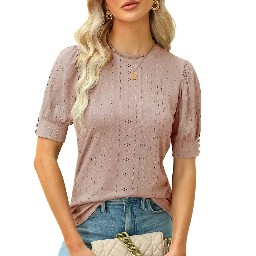 Women's Summer Ladies Button Hollow Puff Sleeve Blouses