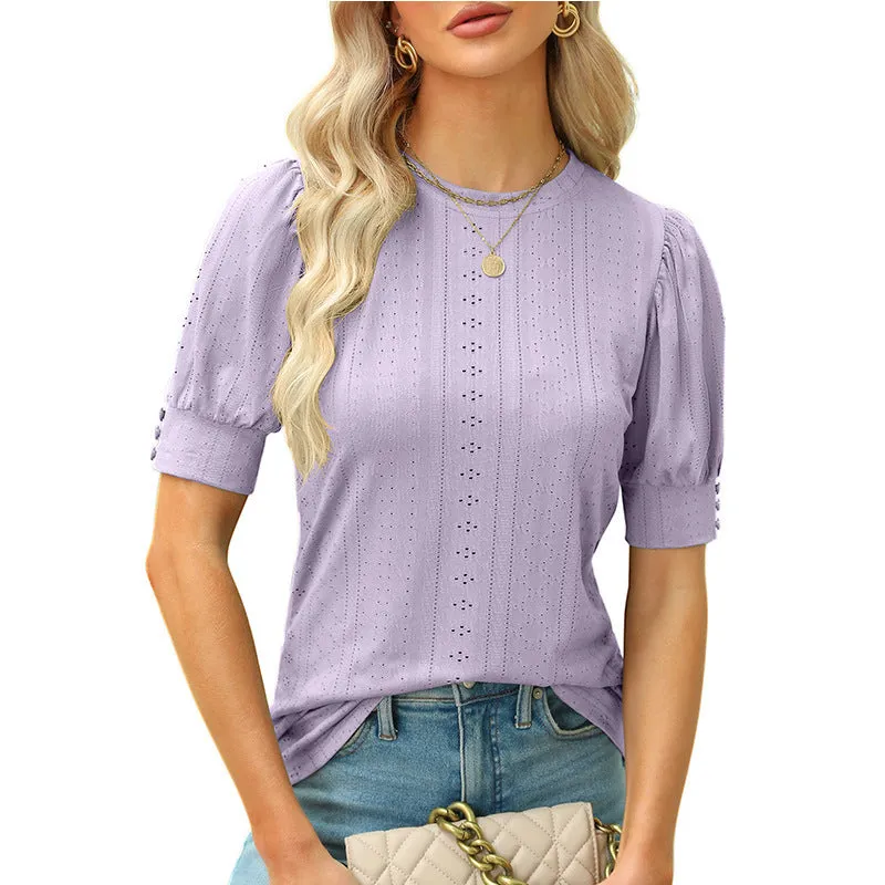 Women's Summer Ladies Button Hollow Puff Sleeve Blouses